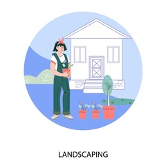 Landscape design studio business or landscaping service card or banner template. Emblem for gardening and yard decorative planting, flat vector illustration isolated on white background.
