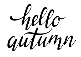 Hello autumn black lettering. Handwritten design element.