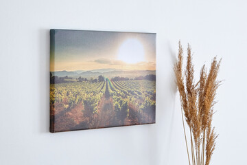 Canvas photo print with gallery wrap and dry grass interior decor. Photography hanging on white wall