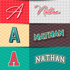 ,Male name,NATHAN in various Retro graphic design elements, set of vector Retro Typography graphic design illustration