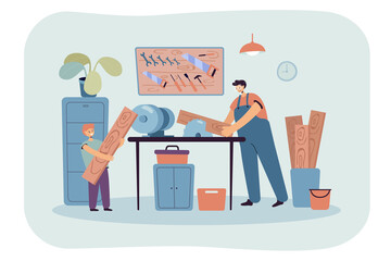 Dad teaching his son carpentry. Flat vector illustration. Cartoon man and boy sawing wooden planks in garage interior full of tools. DIY, workshop, family, carpentry, repair concept for banner design