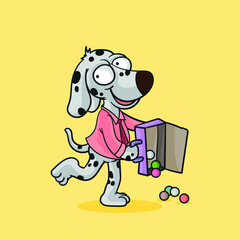 cute dog in ping shirt playing ball from bag