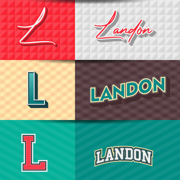 ,Male name,LANDON in various Retro graphic design elements, set of vector Retro Typography graphic design illustration