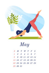 Vertical calendar, page calendar for third month of spring. Yoga calendar for May 2022. Beautiful woman does yoga, sports at home, gym. Picture for each month. Vector template, ready for printing