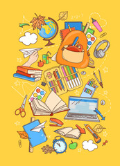 Back to School vertical banner with stationery for drawing and other school subjects. Education Concept. A cover for a notebook or an advertising banner. Colorful vector illustration. Doodle style.
