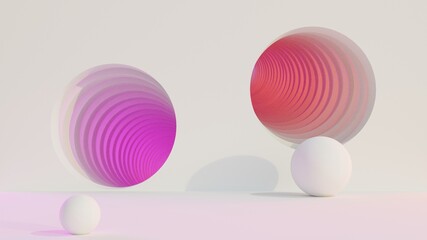 Minimalistic background with spheres in purple and red colors. 3D rendering