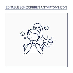 Persecution delusions line icon. Hallucinations. Anxiety. Unable to recognize reality. Schizophrenia symptoms concept. Isolated vector illustration.Editable stroke