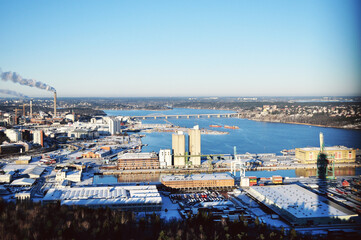 STOCKHOLM, SWEDEN: Winter aerial scenic view of the city center, modern district cityscape 