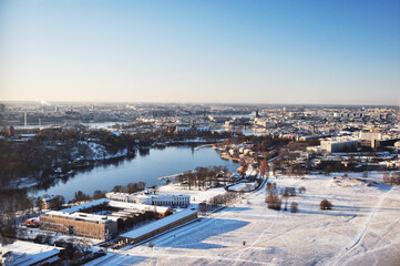 STOCKHOLM, SWEDEN: Winter aerial scenic view of the city center, modern district cityscape 