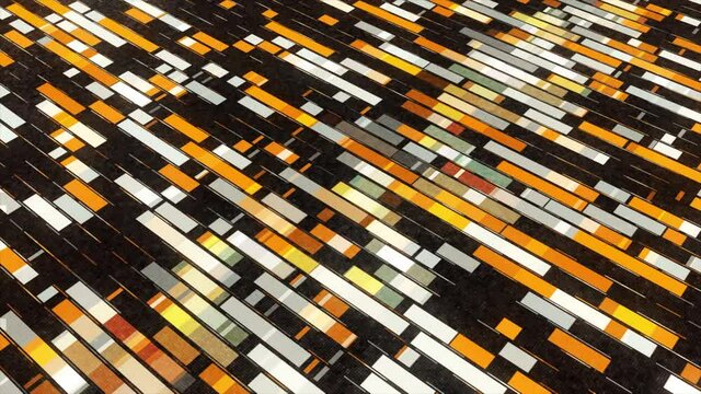 Flowing straight rectangular stripes. Animation. Abstract yellow, black, and white segments flowing from the screen center into the different directions on black background, seamless loop.