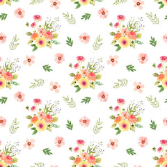 Watercolor seamless patterns with flowers, festive bouquets and individual elements of bouquets
