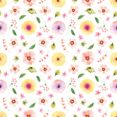 Watercolor seamless patterns with flowers, festive bouquets and individual elements of bouquets