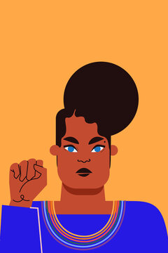 BLM, female leader, powerful woman holding her fist up. Symbol of solidarity and support. No to racism, hate and violence. Flat vector illustration isolated on yellow background