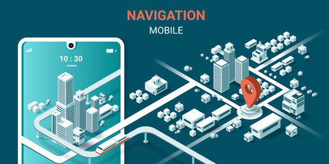 Maps and navigation online on mobile application, City isometric plan with road and buildings, GPS, World Map. Isometric smart city concept. 3d vector illustration