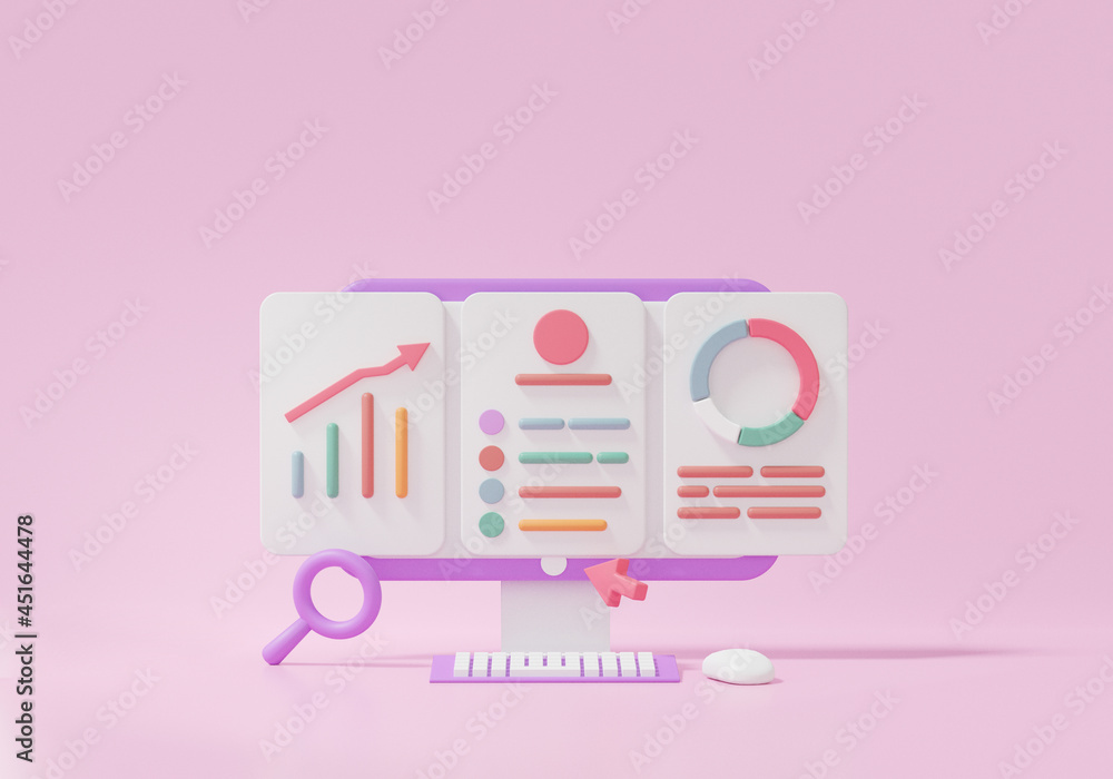 Poster cartoon style search engine optimization or seo online marketing concept. grap chart report analytic