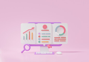 Cartoon style Search Engine Optimization or SEO online marketing concept. grap chart report analytics click search via keyword information computer,software, 3D render. illustration