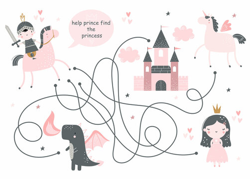 Vector hand drawn cute funny kids maze. Help the prince find the princess. Educational mini-game for children. Help find right path. Labyrinth. Great for a children's book, magazine, board game.