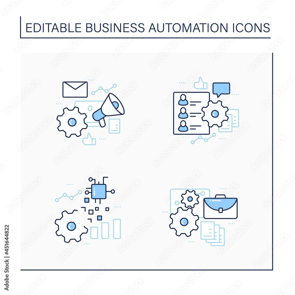 Aufkleber business automation line icons set. hr onboarding, marketing automation, implementing business, digi