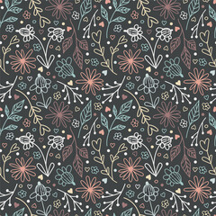 Doodle pattern with multicolored flowers on a dark background
