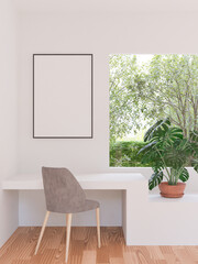 3D mockup photo frame on wall workplace at home
