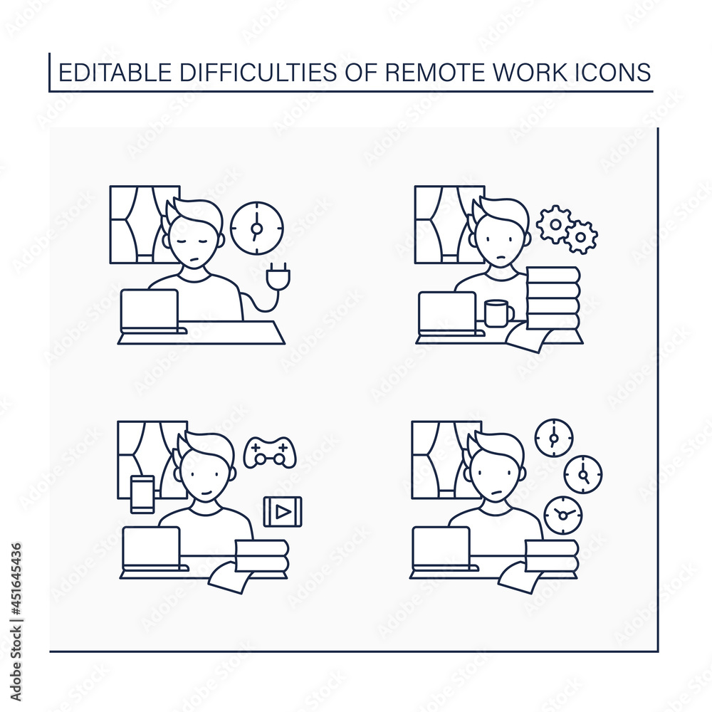 Poster remote work line icons set. unplugging after work, overworking, distractions at home, time zone diff