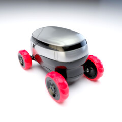 Automated Delivery Robot Service . Modern Smart Wireless Robot Delivers Goods or Food to a Customer. New Technological Iot Business Industry of Delivery Logistic of Online Shop. 3d illustration