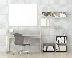 3D mockup photo frame on wall workplace at home