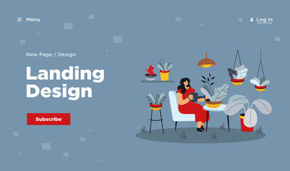 Happy relaxed woman taking care about houseplants in home garden, watering plant in pot. Flat vector illustration for cozy home decoration, greenhouse gardener, growing plants, hobby concept