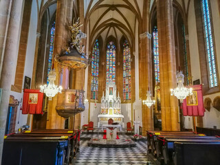 Fototapeta na wymiar Beautiful interior of the pilgrimage Church Maria Strassengel, a 14th century Gothic church in the town of Judendorf Strassengel near Graz, Styria region, Austria