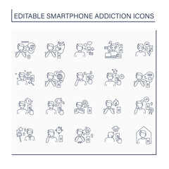 Smartphone addiction line icons set. Virtual world. Online lifestyle. Modern technology. Overwhelmed concept. Isolated vector illustrations. Editable stroke