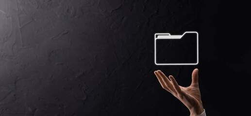 Businessman hold folder icon.Document Management System or DMS setup by IT consultant with modern...