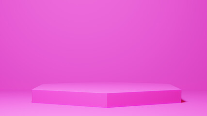 Empty pink podium or pedestal display on pink with box stand concept. Blank product shelf standing...