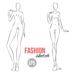 Vector outline girl model template for fashion sketching. Illustration of women's figure for designers of clothes. Standing girl. Front and back view