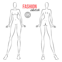 Vector outline girl model template for fashion sketching. Illustration of women's figure for designers of clothes. Standing girl. Front and back view