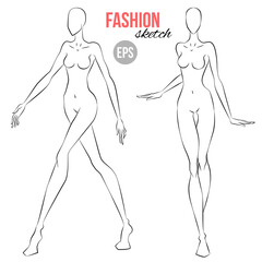 Vector outline girl model template for fashion sketching. Illustration of women's figure for designers of clothes. Girl walking. Front view