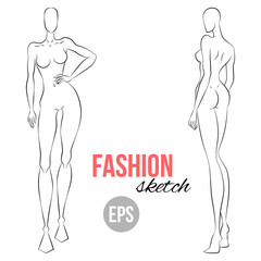 Women's figure sketch. Different poses. Template for drawing for designers of clothes. Vector outline girl model template for fashion sketching. Fashion illustration.