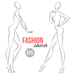 Women's figure sketch. Different poses. Template for drawing for stylist and designers of clothes. Vector outline girl model template for fashion sketching. Fashion illustration.