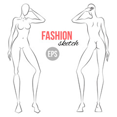 Women's figure sketch. Different poses. Template for drawing for stylist and designers of clothes. Vector outline girl model template for fashion sketching. Fashion illustration.