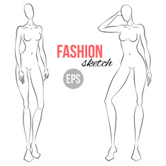 Women's figure sketch. Different poses. Template for drawing for stylist and designers of clothes. Vector outline girl model template for fashion sketching. Fashion illustration.