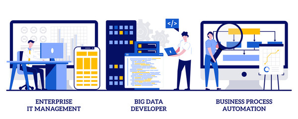 Enterprise IT management, big data developer, business process automation concept with tiny people. IT software solutions abstract vector illustration set.