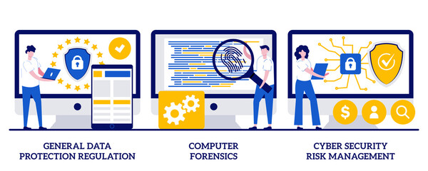 General data protection regulation, computer forensics, cyber security risk management concept with tiny people. Information control and security abstract vector illustration set