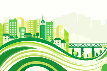 Vector illustration of a city view with houses and windmills, skyscrapers. Green city with suburban houses. Vector poster.