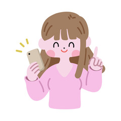 スマホを持ち、指差しポーズをしてアピールする女性