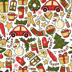 Christmas seamless pattern with doodles. Good for wrapping paper, prints, textile, scrapbooking, wallpaper, digital paper, sublimation, etc.