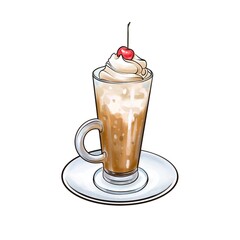 Ice cream in a glass cup with one cherry.  Watercolor color illustration of ice cream with one cherry in a glass cup.  Isolated on white background.  Idea for interior design, posters, cookbooks.