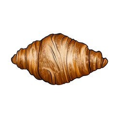 Sweet croissant.  Color watercolor illustration of a croissant.  Realistic drawing. Isolated on white background.  Idea for cookbook, posters, stickers.