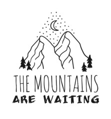 Hand drawn Mountain Logo set. Ski Resort vector icon, doodle elements. Great Outdoor symbol isolated, travel label