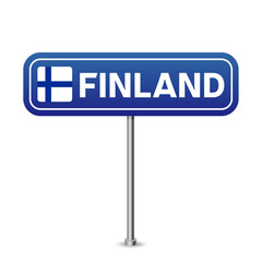 finland road sign. National flag with country name on blue road traffic signs board design vector illustration.