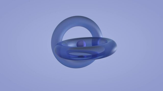 Loop 3d animation of an abstract composition of two mutually rotating glass rings and a small ball. Abstract background of geometric objects.