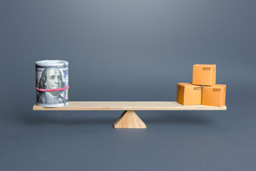 Dollars bundle and boxes on scales. Trade balance and purchasing power. Commerce and business....